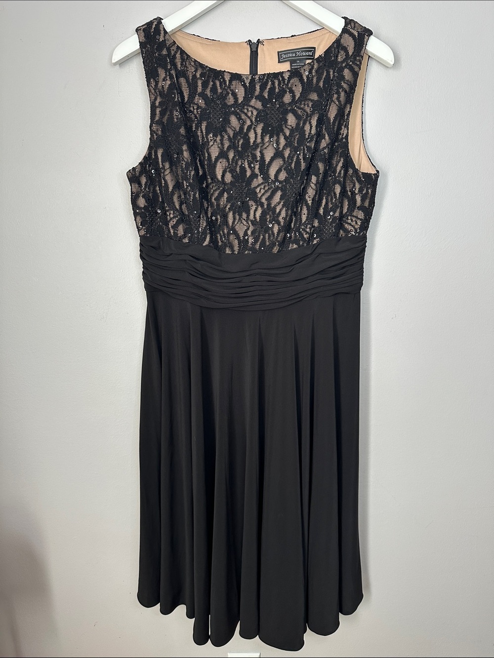 Jessica Howard Black Lace Over Nude A-Line Dress size 14